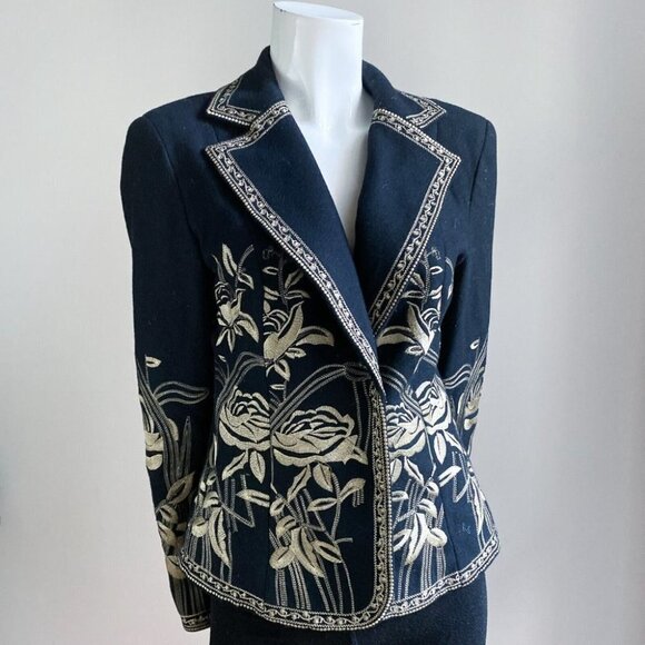 Nygard Collection Black Wool Gold Floral Embroidery Blazer M - Picture 2 of 8